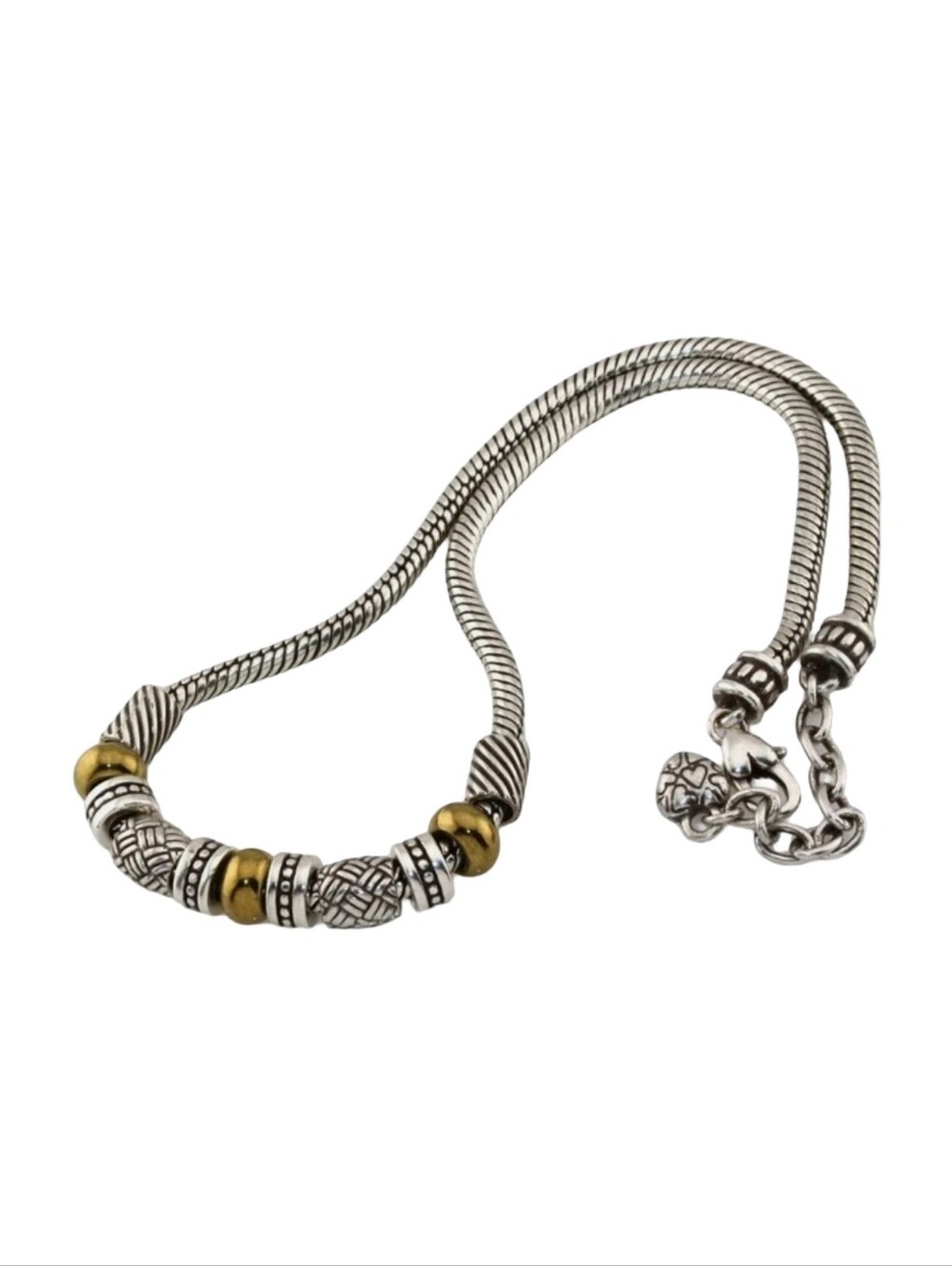 Brighton Two Tone Silver Gold Snake Chain Basketweave Slide Bead Necklace‎
